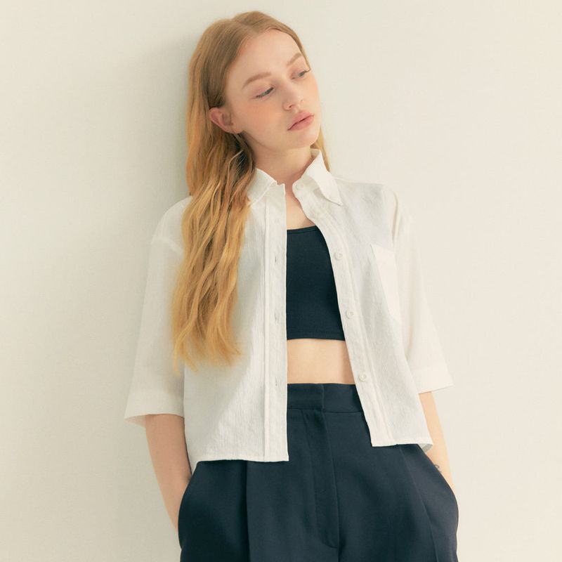 Stripe Wrinkle Pocket Crop Shirt (White)