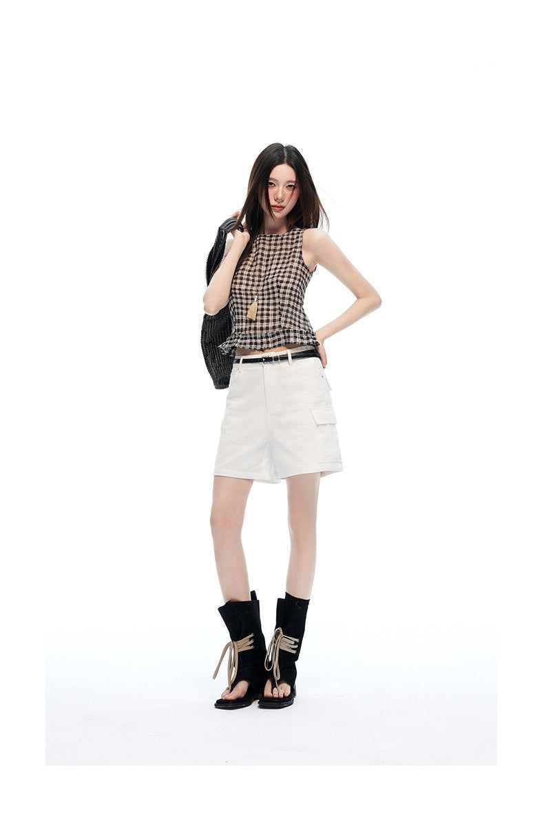 Mid Rise White Cargo Wide Leg Bermuda Shorts