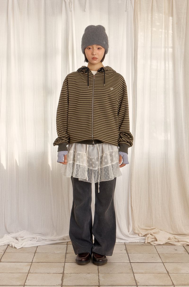 STRIPE HOODED ZIP-UP (GREEN)