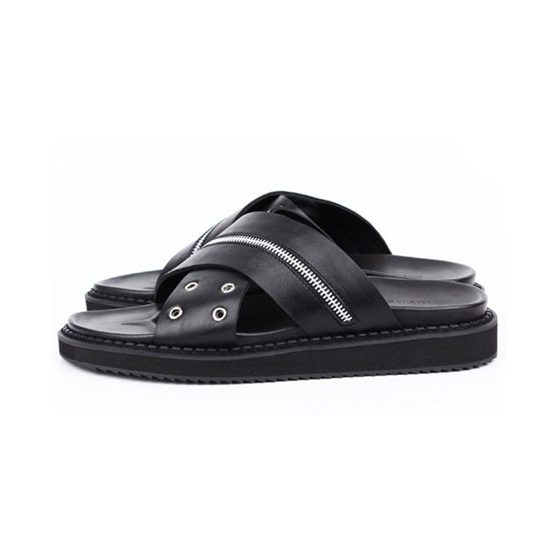 DAVID STONE ZIPPER X RING LEATHER CROSS SANDALS