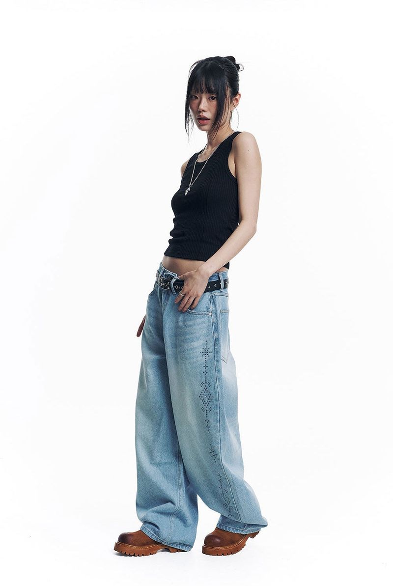 Curved Western Stud Denim Pants - Light Blue
