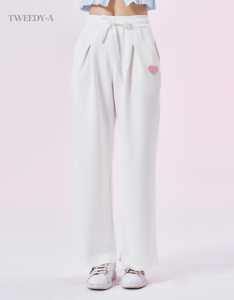 ハートパッチピンタックディテールワイドバンドパンツ 3 Color