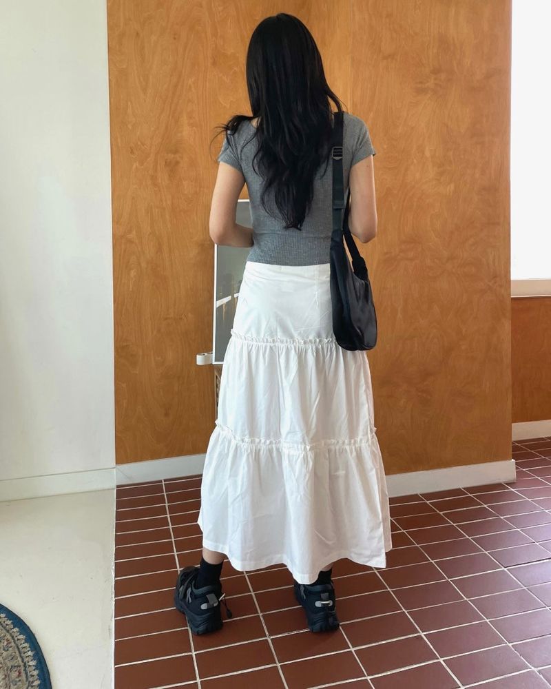 Pudie A-line Cotton Shirring Long Skirt 3C
