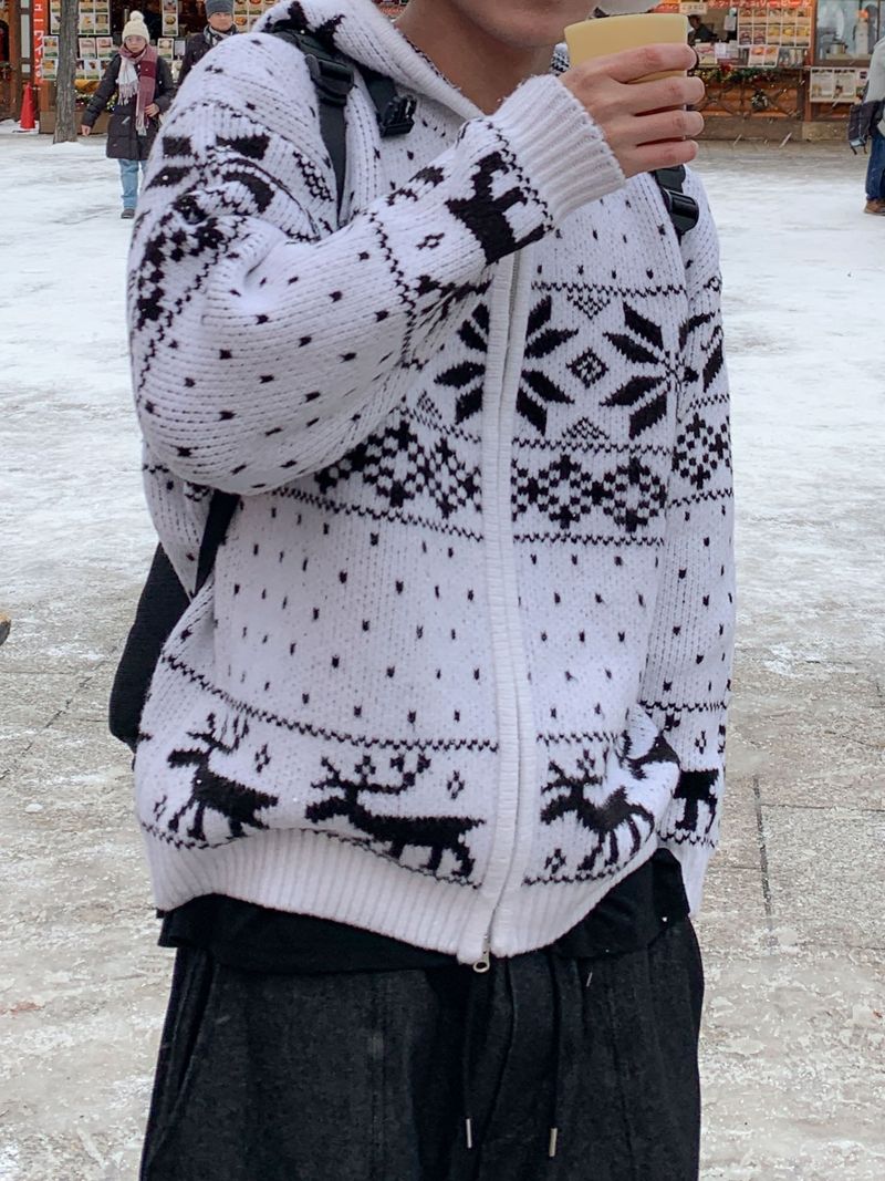 Snowflake Nordic wool knit hooded zip-up