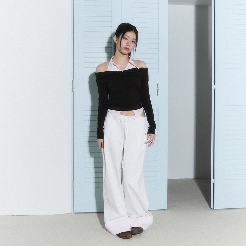 lace layered roll up denim - white