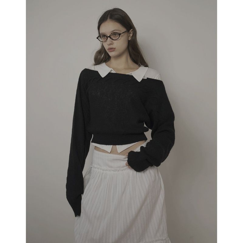 CABLE BOAT NECK KNIT-BLACK