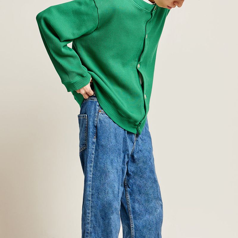 DAMP ROUND-NECK WAFFLE CARDIGAN_GREEN