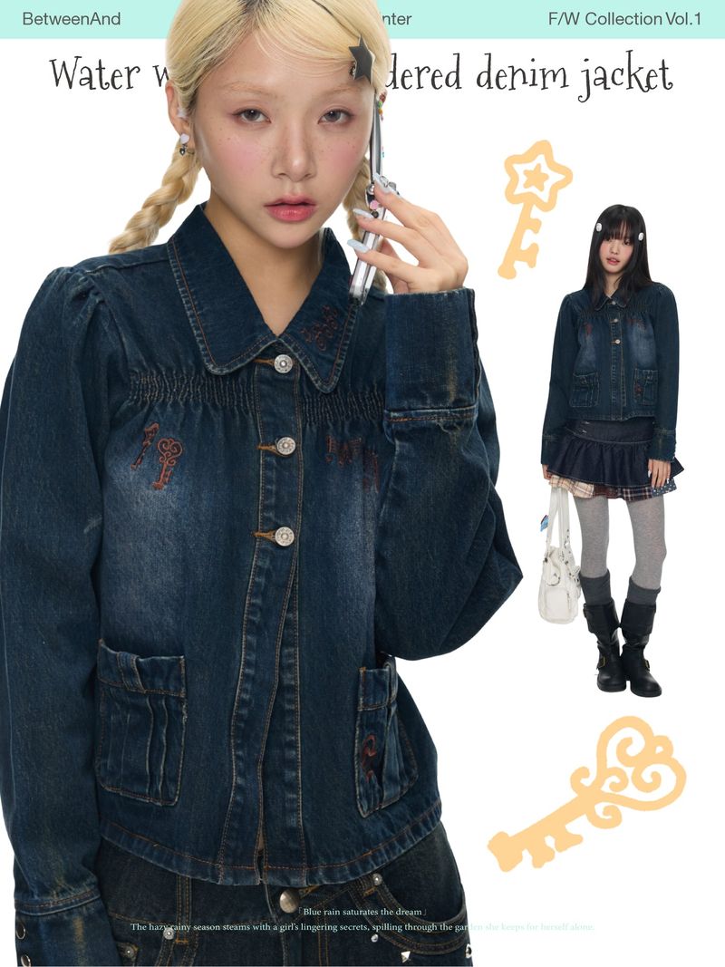 BETWEENAND（ビトゥウィーンアンド）の「BETWEENAND Denim washed key star note embroidered long-sleeve denim jacket for autumn（Jackets/Outerwear）」