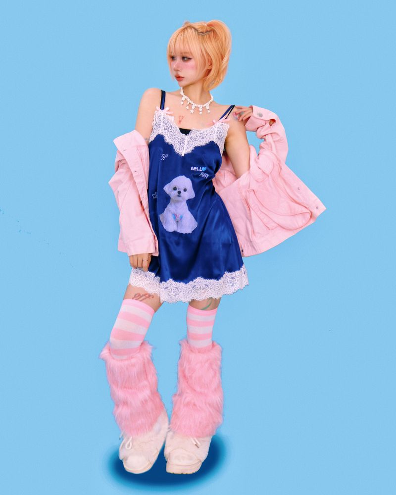 puppy lace slip-dress