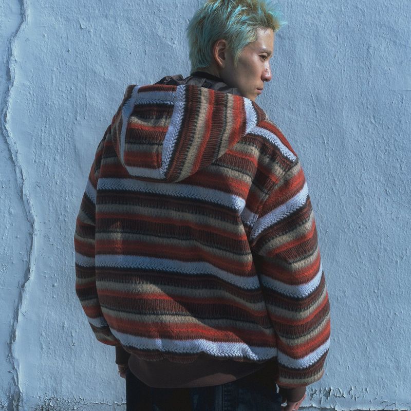Wool fleece hooded zip-up jacket / Orange brown