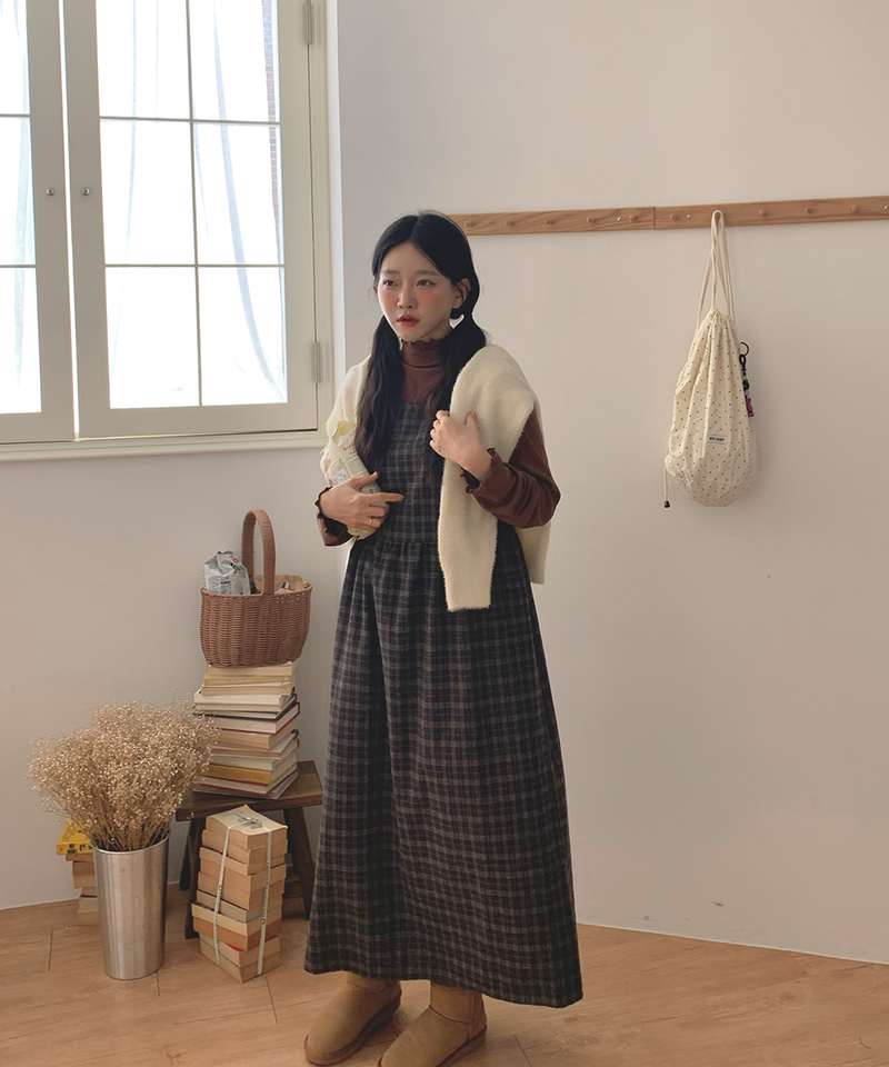 Brownie checkered bustier long skirt sleeveless autumn winter guest look date look 