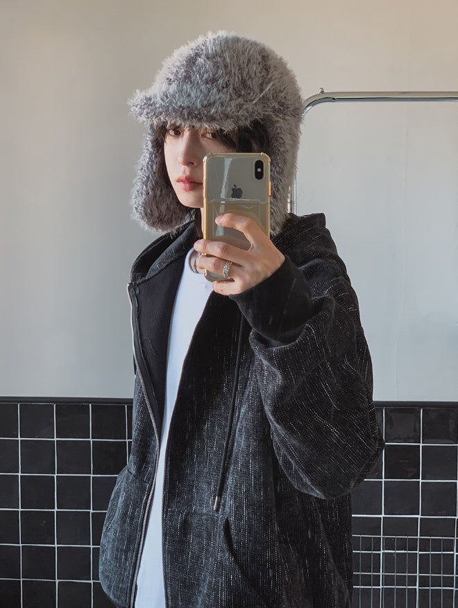 Dets two way velvet hoodie zip-up