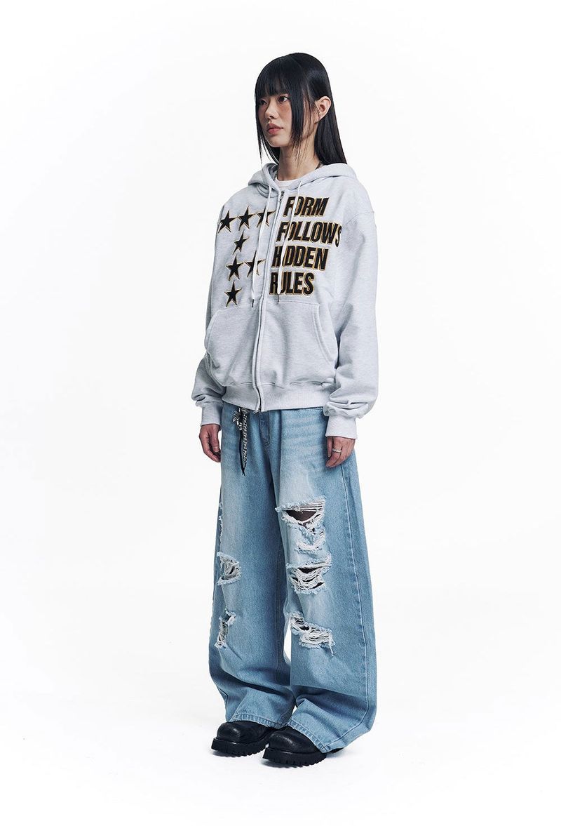 Distressed Curved Denim Pants - Light Blue