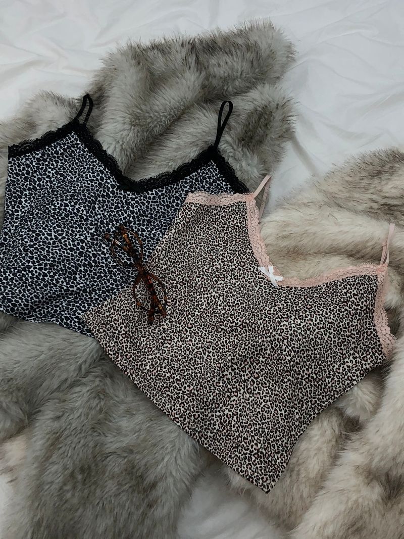 Ribbon Leopard Sleeveles(Black/Pink)