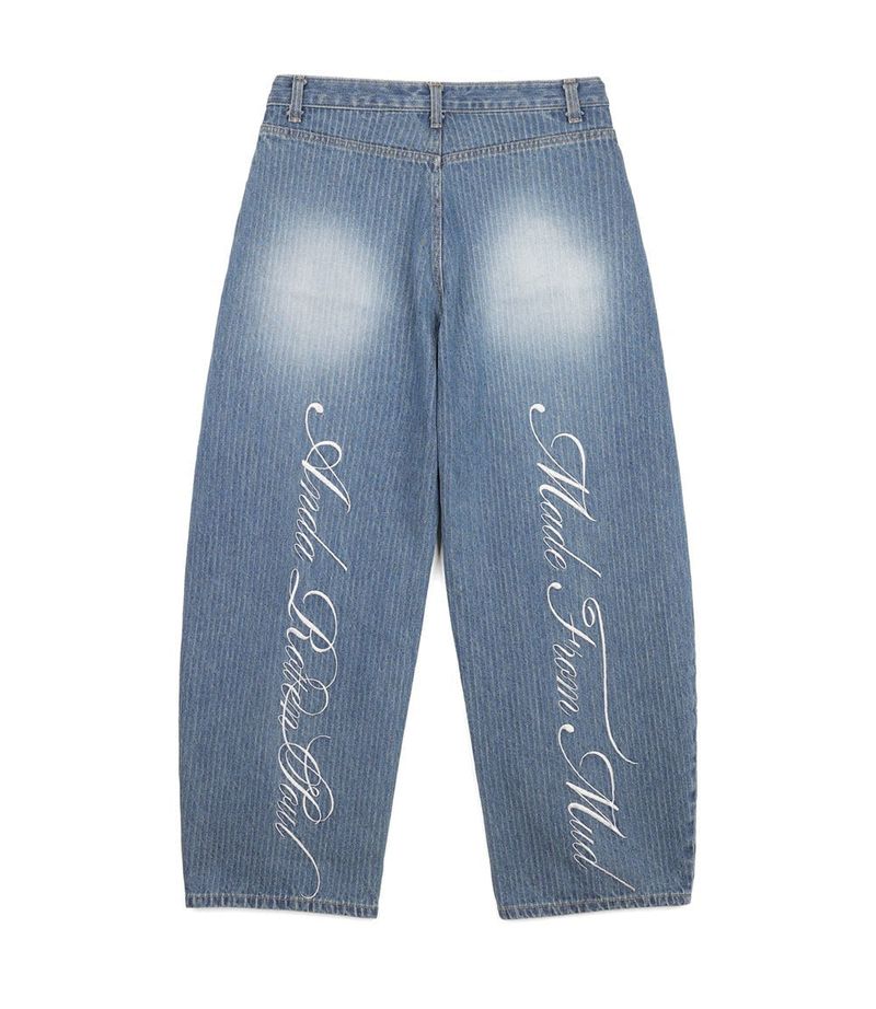 Stripe Lettering Denim Pants - Medium Blue