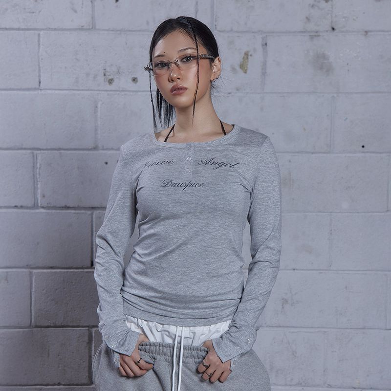(DUC) GA Henley-Neck Long Sleeve Gray