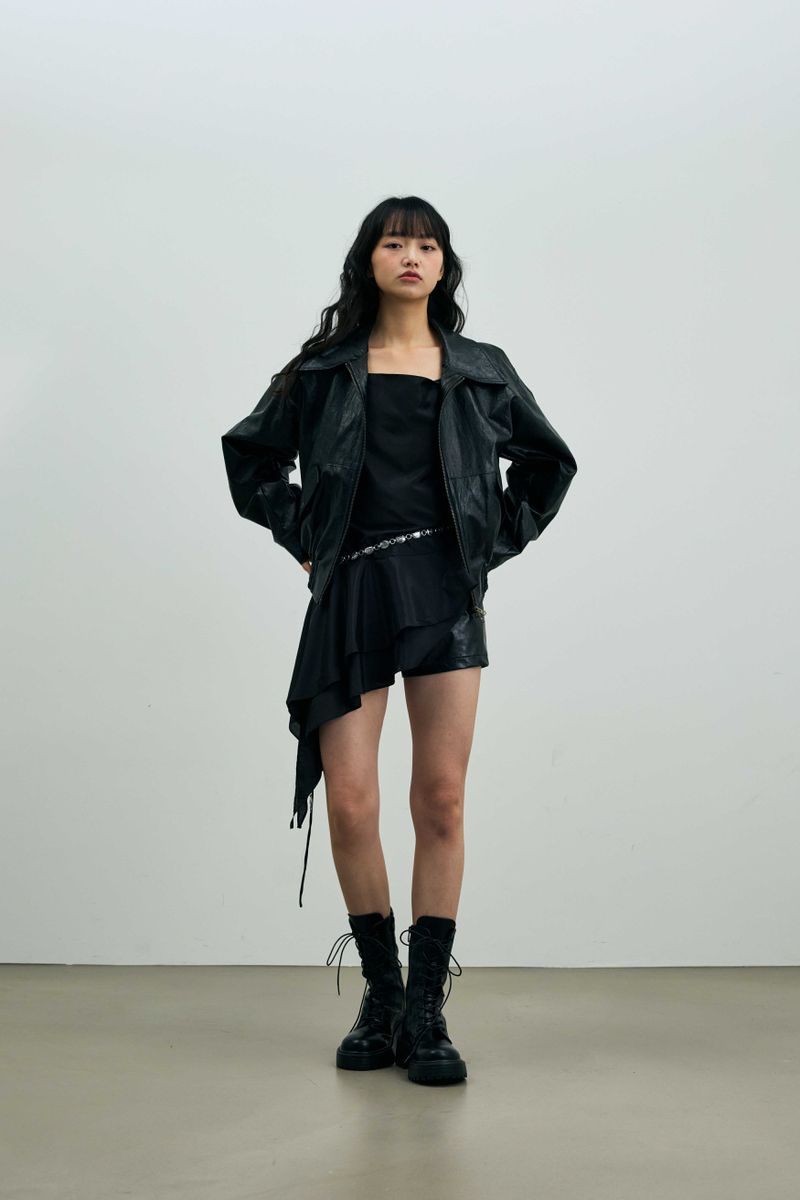 PAMELA LEATHER BOMBER JACKET / BLACK