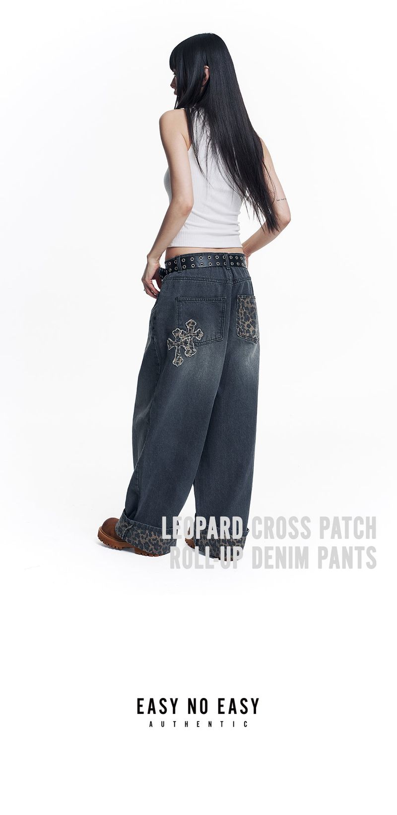 Leopard Cross Patch Roll-Up Denim Pants - Black