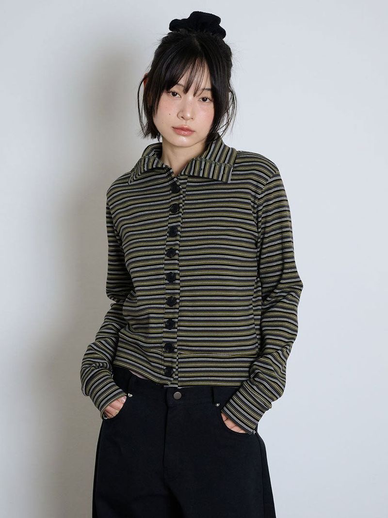 STRIPED HIGH NECK BUTTON CARDIGAN - OLIVE