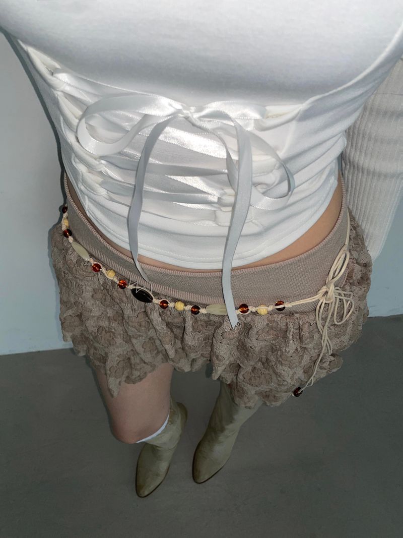 Beige Flower Frill Skirt&Pants