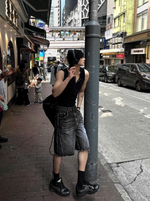 Black Washed Denim Bermuda Shorts Pants