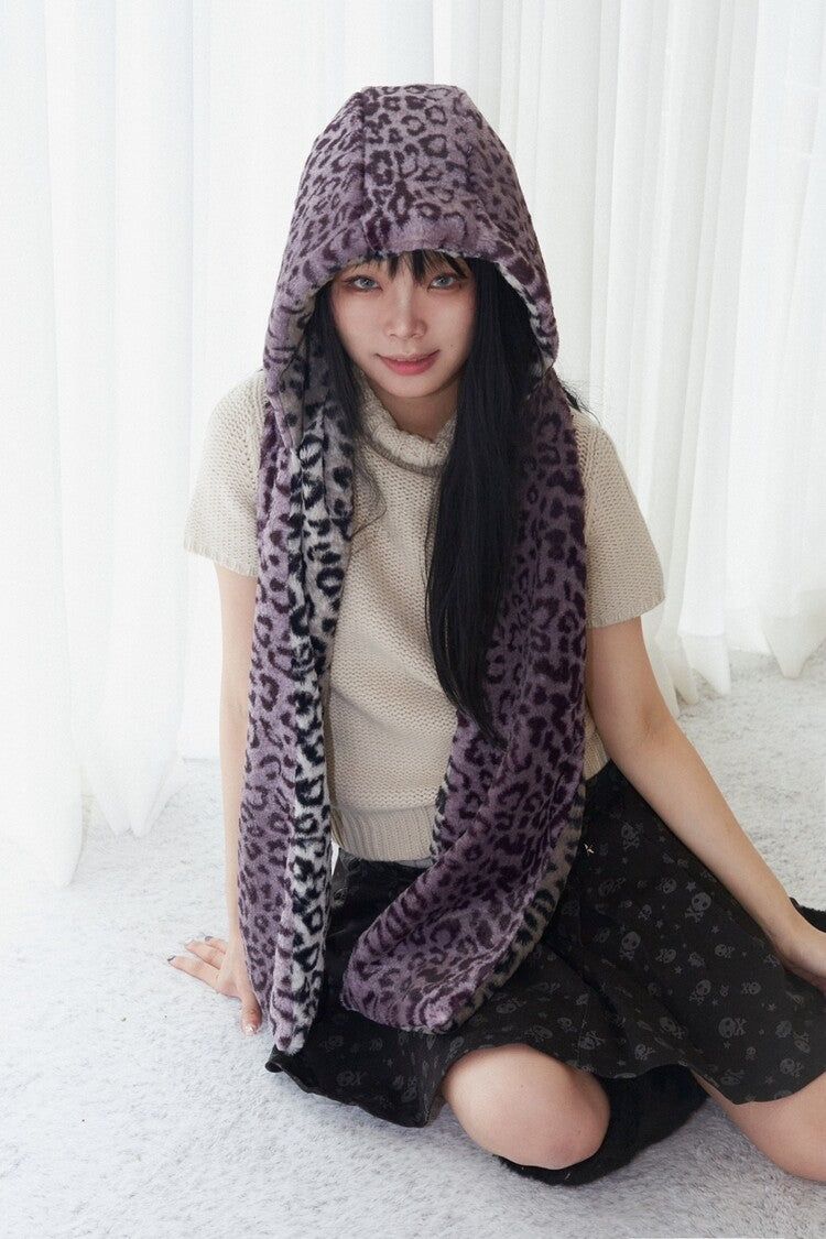  [limited] Leopard reversible hood muffler (purple)