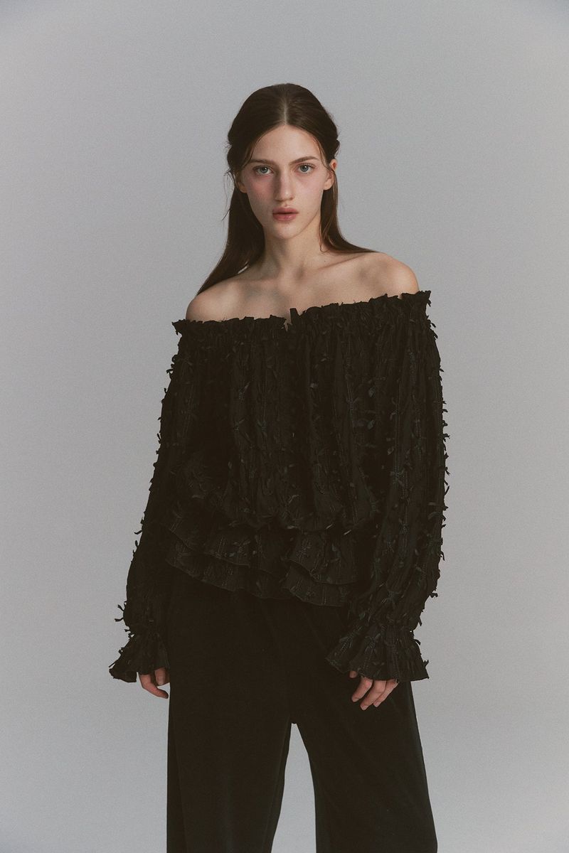 Feather Off Shoulder Blouse Black