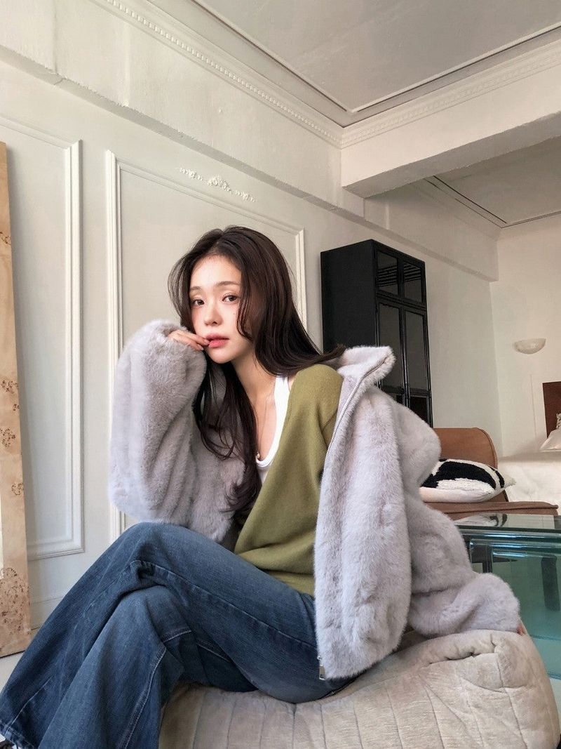 #Elegant Hairy Crop Zip-up Fur Jacket (2color)