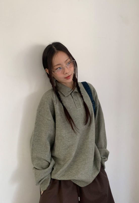 Huble Color Button Wool Collar Over Knit