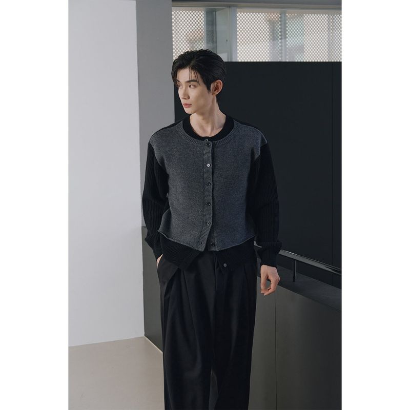 Layered wool knit cardigan(Black)