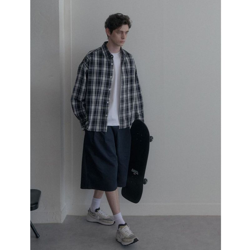 Vintage Washing gray blue check shirts