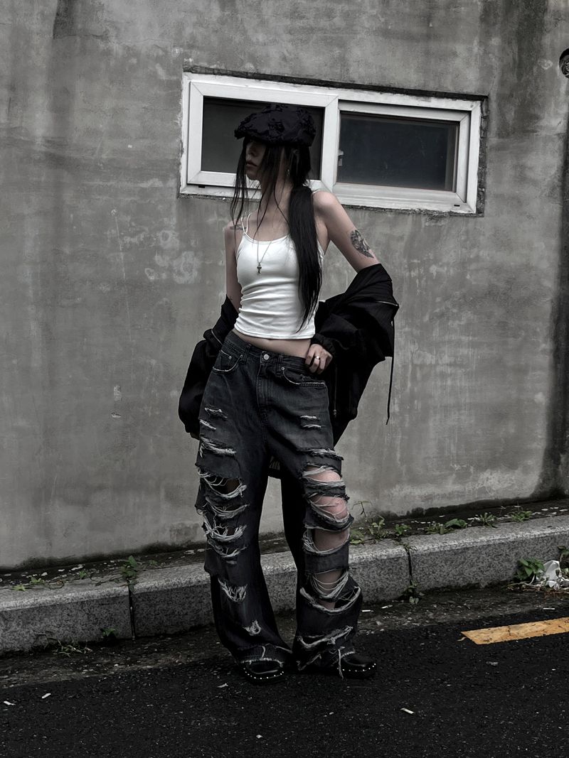 black destroyed wide denim