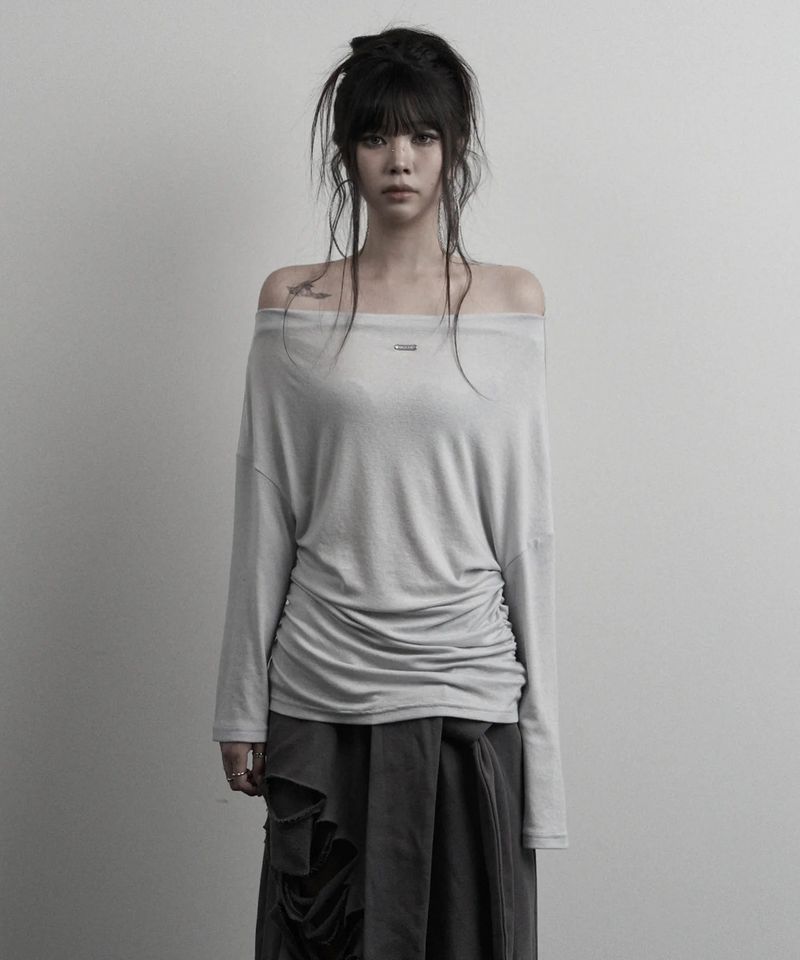 [label] back damage off-shoulder top (gray)
