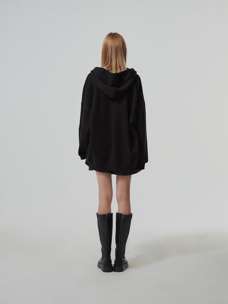 HEAVY WEIGHT OVERFITTED UNIVERSITY LOGO EMBROIDERY HOODIE ZIP UP_ BLACK