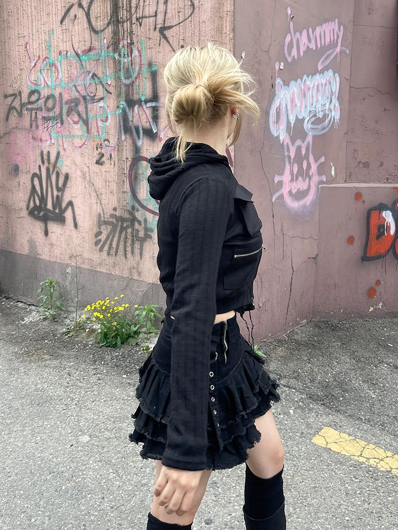 Cropped Two-Way Cargo Hood Zip-Up