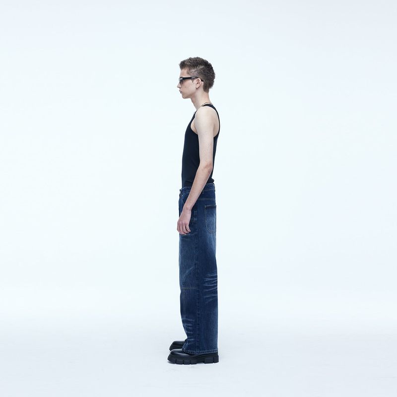 Double Knee Carpenter Wide Denim Pants Blue