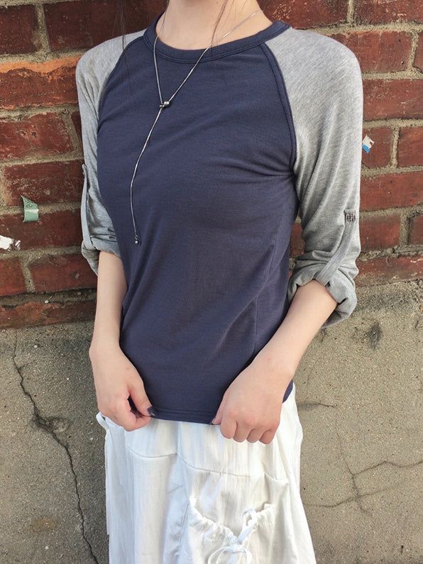 Sami Check Button Raglan Roll-Up Long Sleeve T-Shirt