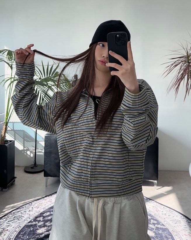Needeu Crop Stripe Zip Up