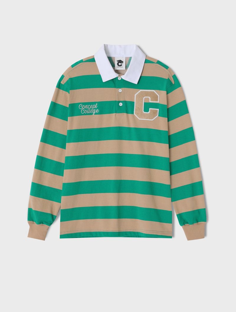 CONCEPT COLLEGE（コンセプトカレッジ）の「CパッチストライプラグビースウェットカラーTシャツ / グリーン-ベージュ [Unisex]（トップス）」