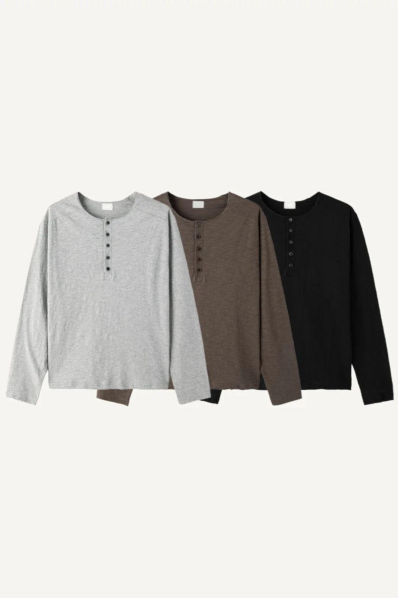 Henley neck slub cotton long sleeve