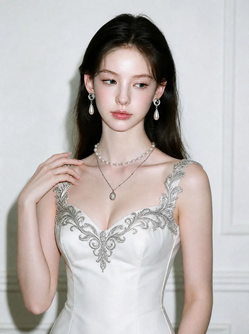 Ethnic Button and Long Pearl Earrings - Silver Color