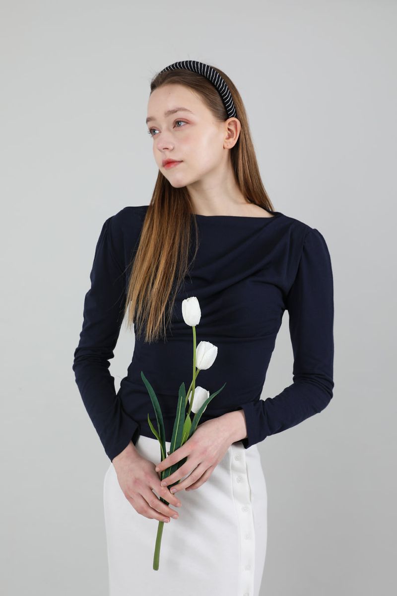cattline(カトリーヌ)の「Drape Puff Shirring T-shirt Navy(Tops)」