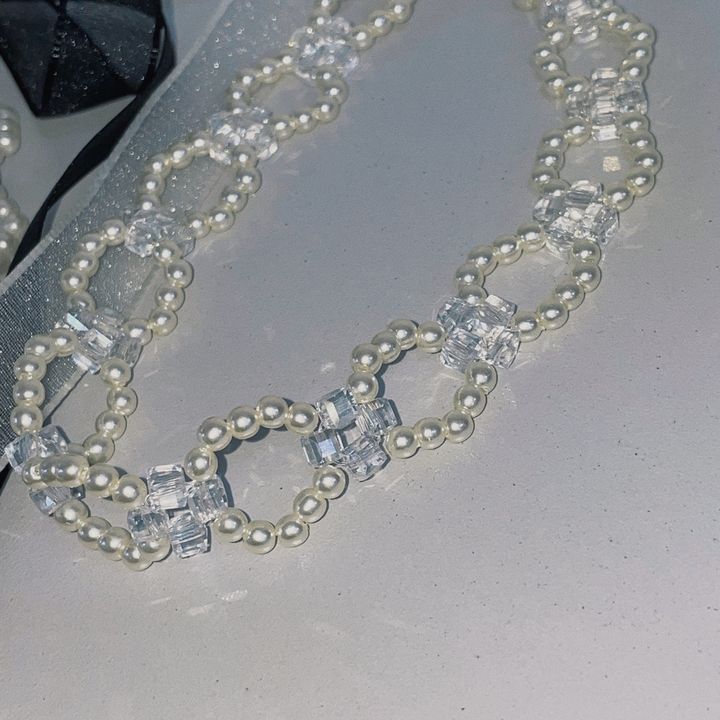 mix pearl ribbon tie choker