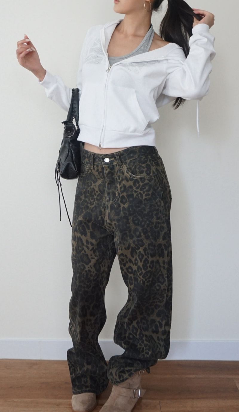 leopard denim pants