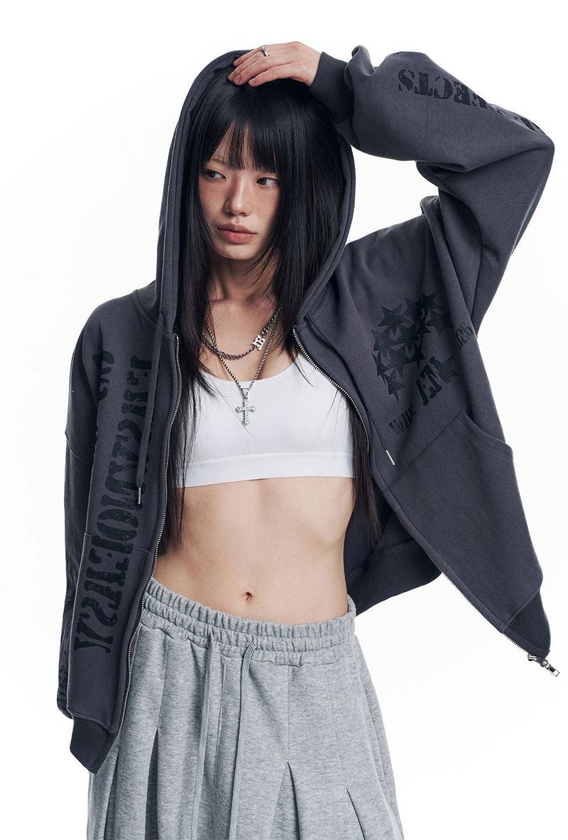 Marine Crack Print Hooded Zip-Up - Charcoal