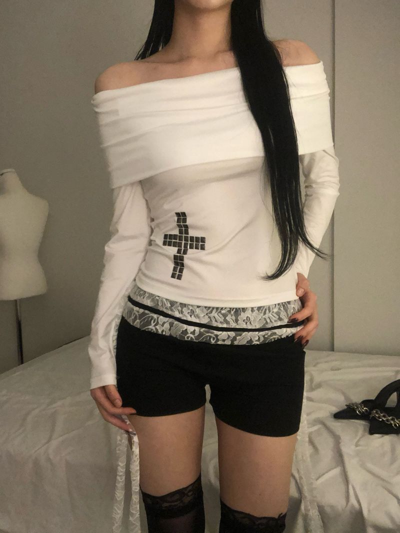 Crystal Stud Cross Off-Shoulder T