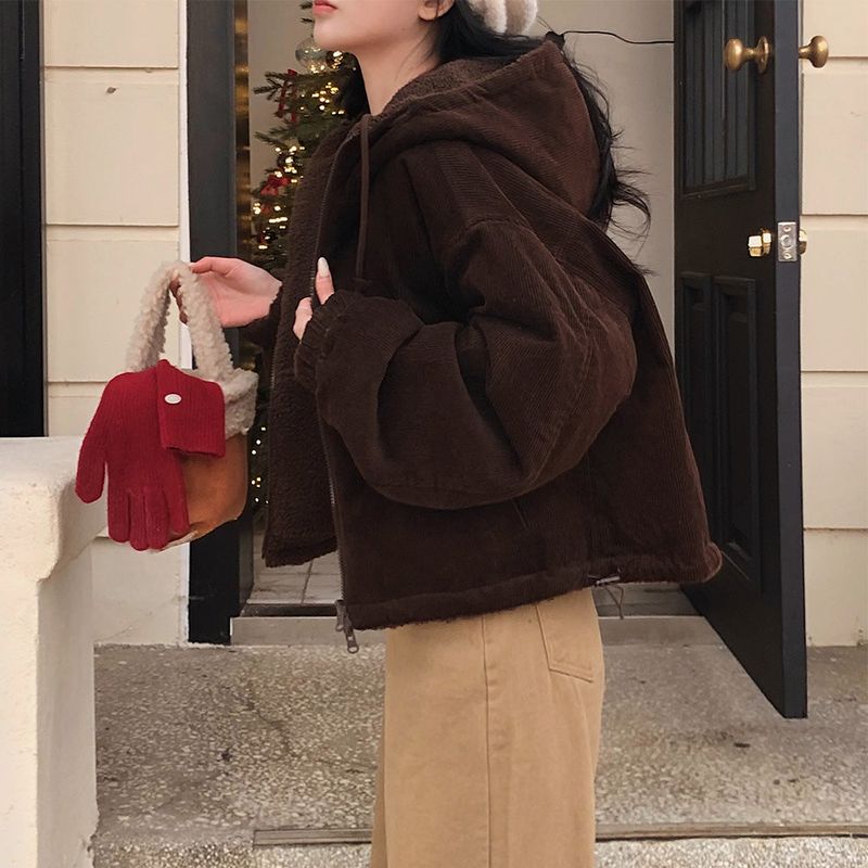 [BELLIDE MADE] Boa fleece + corduroy reversible zip-up hoodie