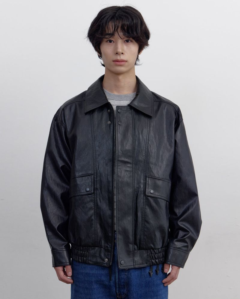 Oversized Faux Leather Blouson (Black)