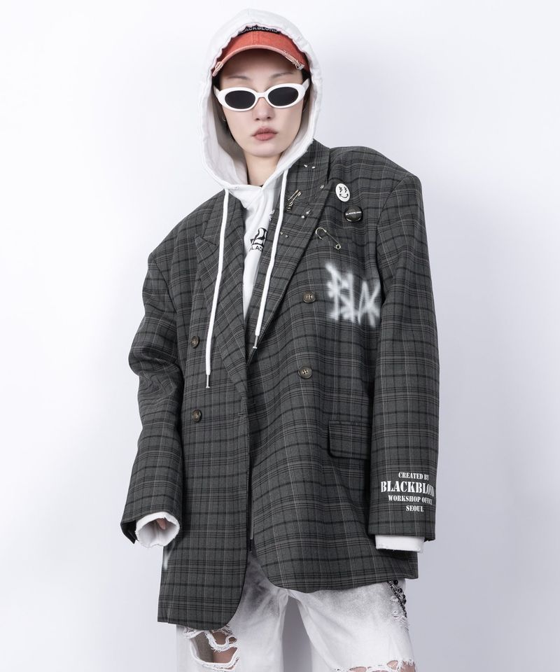 BLACKBLOND（ブラックブロンド）の「BBD Graffiti Logo Piercing Plaid Oversized Blazer (Charcoal)（Jackets/Outerwear）」