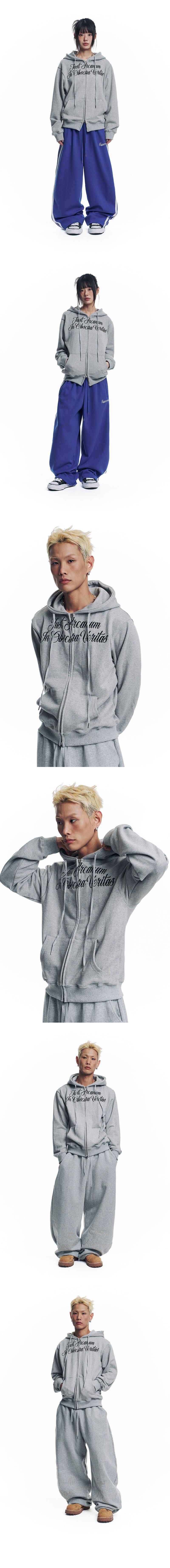 Lettering Embroidered Hoodie Zip-Up - Gray